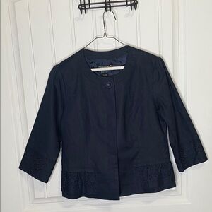 SAINT TROPEZ WEST 100% NAVY BLUE BLAZER 3/4 SLEEVE EYELET DETAIL SIZE SMALL